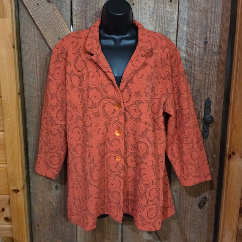 Andria Lieu Burnout Swirl Jacket Women's XXL Orange Terracotta 3/4 Sleeve